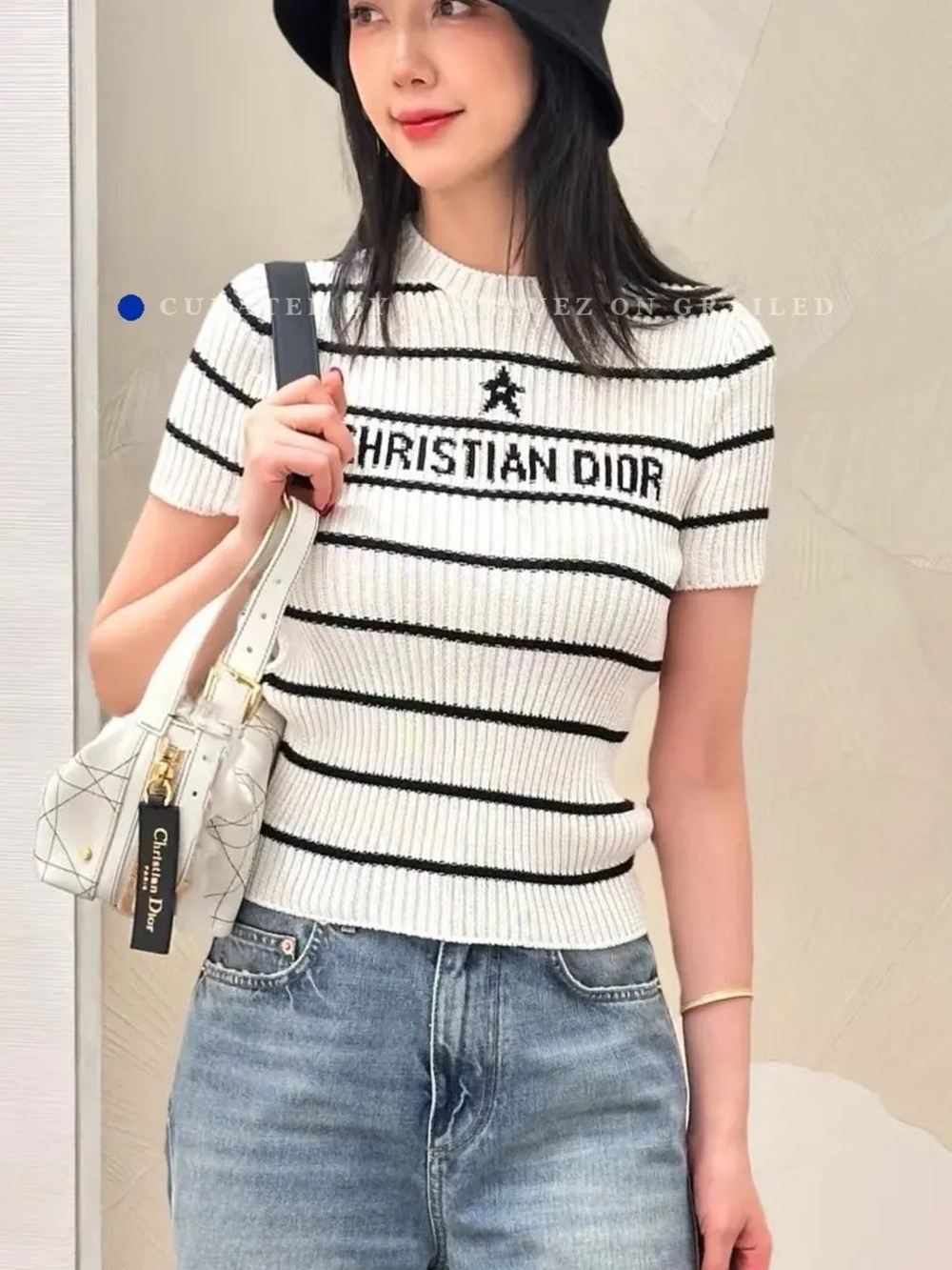Dior Cream & Black Striped Ribbed Short-Sleeve Knit Top